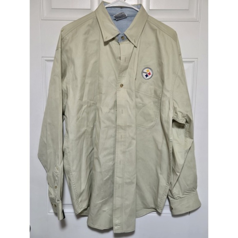 Vtg Pittsburgh Steelers Button Up Shirt Long Sleeve Large Embroidered‎ Nutmeg